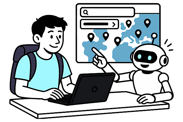 학생 교육 지도 일러스트 기술 대화 학습 컴퓨터 스크린 자료 교양 정보 도움 집중 로봇 위치 탐색 소통 인터페이스 상호작용 국내일러스트 AI파일 컨셉 말하기 전자제품 파일형식 벡터