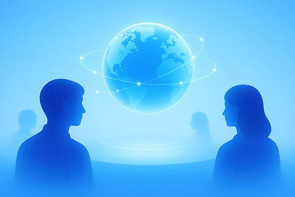 JPG 디자인 상징 생각 일러스트 상상 미래 기술 사람 세계 우주 자료 정보 연결 파란배경 비전 교류 소통 혁명 가능 공동체 국내일러스트 AI일러스트 AI콘텐츠 백그라운드 컨셉 파란색 파일형식