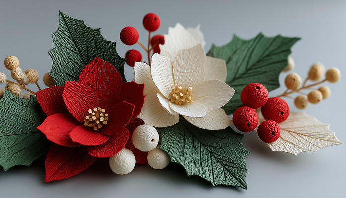 JPG 편집이미지 전통 꽃 컬러 잎 크리스마스 겨울 자연 탁자 장식 인테리어 주황색 화사함 수공예 종이꽃 편집실사 AI포토 AI콘텐츠 식물 디자인 계절 기념일 가구 컨셉 공예 CG 생태계 파일형식