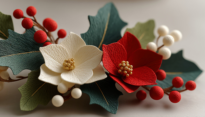 JPG 편집이미지 디자인 열매 꽃 잎 크리스마스 겨울 자연 수채화 장식 빨간색 정원 흰색 조화 수공예 편집실사 AI포토 AI콘텐츠 식물 계절 기념일 컬러 공예 CG 생태계 파일형식