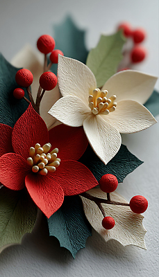 JPG 편집이미지 디자인 컬러 크리스마스 자연 미술 장식 빨간색 공예 오브젝트 그림 수공예 종이꽃 편집실사 AI포토 AI콘텐츠 기념일 꽃 문화예술 취미 CG 생태계 파일형식
