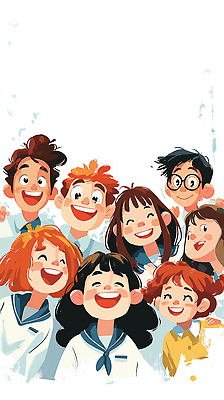 JPG 캐릭터 교육 행복 얼굴 어린이 일러스트 학교 모션 표정 밝음 초등학교 웃음 친구 유치원 만남 그룹 즐거움 소통 순간 국내일러스트 AI일러스트 AI콘텐츠 감정 컨셉 관계 사람 신체부위 파일형식