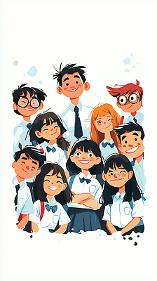 JPG 학생 옷 행복 백그라운드 일러스트 교실 학교 모션 청소년 표정 미소 웃음 친구 연령 즐거움 소통 단체사진 국내일러스트 AI일러스트 AI콘텐츠 교육 감정 컨셉 관계 사람 기념사진 파일형식