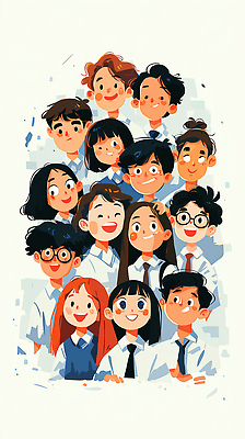 JPG 학생 행복 교복 일러스트 학교 청소년 협력 표정 웃음 생활 친구 촬영 우정 모임 그룹 즐거움 커뮤니티 소통 순간 국내일러스트 AI일러스트 AI콘텐츠 옷 교육 감정 컨셉 관계 사람 파일형식