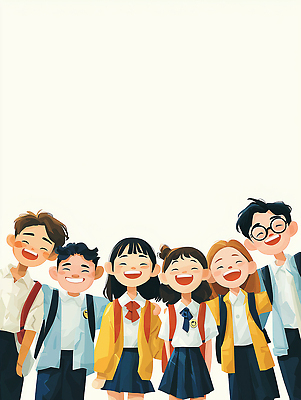 JPG 학생 행복 교복 어린이 포즈 일러스트 교실 학교 모션 함께함 웃음 여름 친구 시간 그룹 즐거움 국내일러스트 AI일러스트 AI콘텐츠 옷 계절 교육 감정 컨셉 관계 표정 사람 파일형식