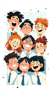 JPG 캐릭터 학생 행복 감정 얼굴 어린이 일러스트 넥타이 표정 웃음 친구 모임 즐거움 그림 긍정 중학교 소셜 국내일러스트 AI일러스트 AI콘텐츠 잡화 컨셉 학교 관계 사람 신체부위 파일형식