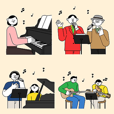 문화 예술 음악 연주 일러스트 노래 모션 공연 가수 무대 기타 피아노 군중 저녁 하모니 아티스트 스타일 국내일러스트 AI파일 직업 현악기 문화예술 사람 이벤트 음악가 건반악기 야간 파일형식 벡터