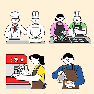 커피 음식 일러스트 재료 주방용품 수업 아침 디저트 요리 주방 요리사 카페 컵케이크 고객 제빵 제빵사 Baking Cooking 국내일러스트 AI파일 주간 직업 교육 음료 생활용품 제과제빵 케이크 상점 파일형식 벡터