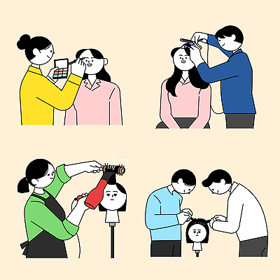 모델 학생 디자인 교육 일러스트 수업 기술 화장 뷰티 머리카락 화장품 도구 전문직 드라이어 정리 학원 실습 기초 스타일링 스타일 커스터마이징 국내일러스트 AI파일 직업 머리 미용용품 서비스 파일형식 벡터