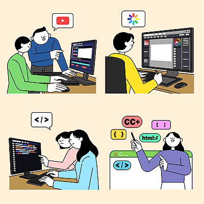 학생 디자인 교육 일러스트 수업 커뮤니케이션 협력 기술 그래픽 컴퓨터 스크린 코드 토론 강의 영상 온라인 개발 프로그래밍 국내일러스트 AI파일 전자제품 작업 파일형식 벡터