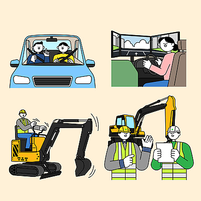 교육 건축 도로 일러스트 자동차 협력 기술 대화 안전 기계 운전 작업장 중장비 안전장비 소통 운전면허 작업자 조작 국내일러스트 AI파일 산업 길 육상교통 컨셉 교통시설 모션 말하기 장비 산업장비 파일형식 벡터