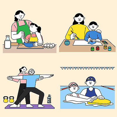 교육 어린이 일러스트 요가 가족 모션 물놀이 놀이 함께함 건강 요리 부모 운동 수영 시간 즐거움 그림 소통 창의력 국내일러스트 AI파일 웰빙 감정 컨셉 관계 사람 수상스포츠 파일형식 벡터