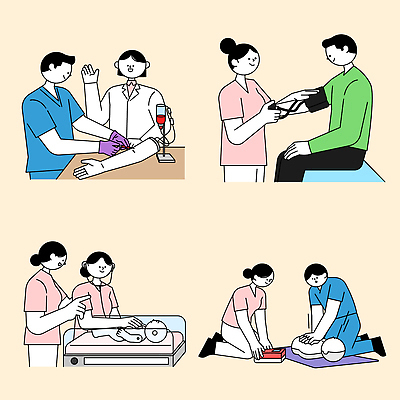 교육 일러스트 의학 생명 건강 병원 치료 환자 간호사 의사 간호 연습 심폐소생술 응급치료 체온측정 혈압측정 보건 국내일러스트 AI파일 의료진 측정 파일형식 벡터