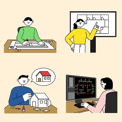 디자인 건축 예술 일러스트 모션 협력 설계 주택 기술 대화 여러명 건물 그래픽 컴퓨터 설계도 작업 구성 창의력 프로젝트 국내일러스트 AI파일 건축물 다수 컨셉 건설업 말하기 사람 전자제품 파일형식 벡터