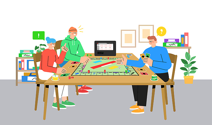 컬러 일러스트 놀이 탁자 실내 대화 취미 친구 카페 모임 게임 즐거움 주말 전략 보드게임 상호작용 국내일러스트 AI파일 감정 가구 관계 말하기 내부 상점 파일형식 벡터