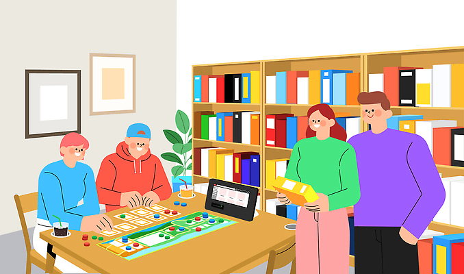 여유 컬러 일러스트 모션 탁자 함께함 이야기 대화 웃음 책 친구 스크린 카페 시간 서재 편안함 즐거움 보드게임 게임판 국내일러스트 AI파일 감정 가구 컨셉 관계 놀이 표정 말하기 상점 감각 파일형식 벡터