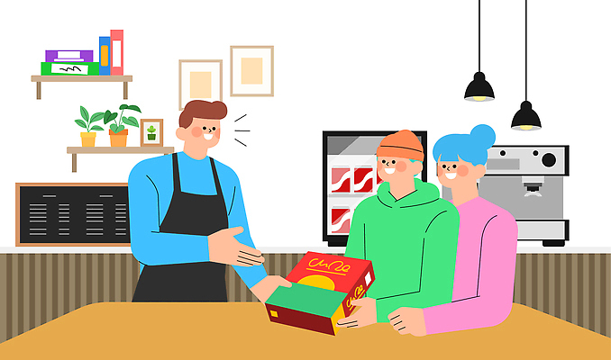 커플 음료 음식 일러스트 디저트 친절 대화 웃음 상자 카페 만남 환대 고객 직원 즐거움 서비스 감사 방문 주문 보드게임 국내일러스트 AI파일 감정 컨셉 관계 놀이 표정 말하기 상점 파일형식 벡터