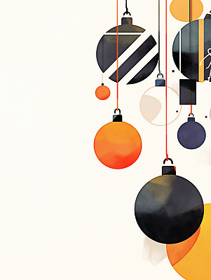 JPG 디자인 컬러 백그라운드 크리스마스 일러스트 공 추상 기념 매달리기 장식 인테리어 검은색 축제 주황색 흰색 표현 분위기 모던 그림 오너먼트 국내일러스트 AI일러스트 AI콘텐츠 기념일 컨셉 크리스마스장식 무늬 모션 파일형식