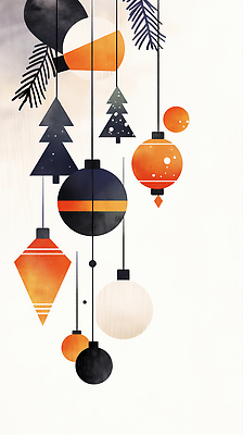 JPG 나무 디자인 예술 크리스마스 겨울 일러스트 따뜻함 장식 검은색 주황색 공간 흰색 분위기 기하학 대칭 오너먼트 국내일러스트 AI일러스트 AI콘텐츠 식물 계절 기념일 컬러 컨셉 크리스마스장식 무늬 파일형식