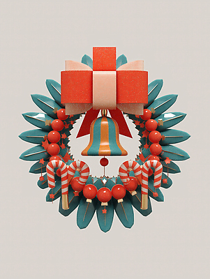 JPG 편집이미지 디자인 계절 리본 컬러 크리스마스 겨울 사탕 장식 빨간색 인테리어 축제 화환 종 크리스마스리스 편집3D AI컴퓨터그래픽 AI콘텐츠 기념일 꽃 디저트 3D 파일형식