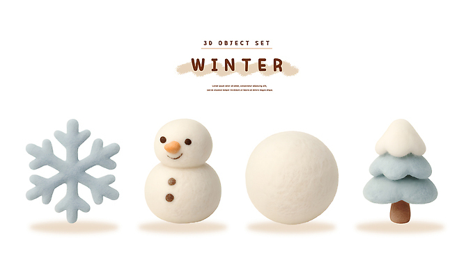 PSD 나무 편집이미지 디자인 크리스마스 겨울 눈사람 장식 세트 3D 귀여움 흰색 눈송이 입체 오브젝트 편집3D 양모펠트 식물 계절 기념일 컬러 컨셉 눈_날씨 디지털합성 양모 펠트 파일형식