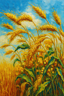 JPG 식물 꽃 농업 일러스트 자연 하늘 생명 바람 날씨 여름 파란색 농장 금색 수확 밀 색감 풍경화 국내일러스트 AI일러스트 AI콘텐츠 자연요소 계절 산업 컬러 곡류 그림 생태계 파일형식