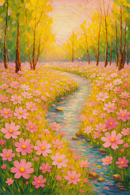 JPG 나무 꽃 컬러 꽃밭 일러스트 자연 휴식 따뜻함 밝음 풍경 햇빛 평화 봄 감상 개울 코스모스 조화 뷰티풀 색채 풍요 국내일러스트 AI일러스트 AI콘텐츠 식물 계절 컨셉 강 태양 생태계 파일형식