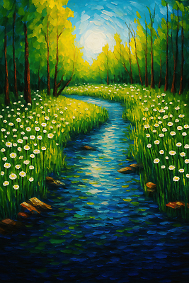 JPG 나무 꽃 일러스트 자연 하늘 생명 풍경 물 여름 햇빛 평화 흐름 개울 선탠 조화 목가 국내일러스트 AI일러스트 AI콘텐츠 자연요소 식물 계절 컨셉 강 태양 생태계 파일형식