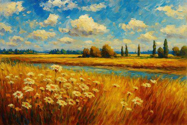 JPG 나무 꽃 일러스트 자연 하늘 풍경 초원 물 여름 강 햇빛 노란색 평화 일몰 들꽃 시골 뷰티풀 풍경화 국내일러스트 AI일러스트 AI콘텐츠 자연요소 식물 계절 컬러 컨셉 태양 노을 그림 생태계 파일형식