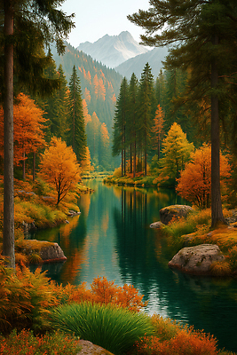 JPG 나무 편집이미지 컬러 단풍 자연 산 풍경 물 강 반사 평화 고요 숲 조화 울창 이미지편집 AI포토 AI콘텐츠 자연요소 식물 컨셉 잎 생태계 파일형식