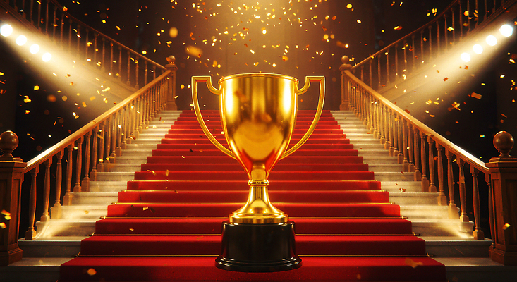 JPG 편집이미지 상징 성공 조명 기념 이벤트 장식 계단 축하 우승 분위기 결과 트로피 색종이 대회 이미지편집 AI컴퓨터그래픽 AI콘텐츠 종이 컨셉 최고 상_우승 파일형식