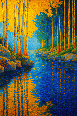 JPG 나무 컬러 일러스트 자연 풍경 야외 물 파란색 강 반사 노란색 평화 산책로 물가 숲 조화 뷰티풀 국내일러스트 AI일러스트 AI콘텐츠 자연요소 식물 길 컨셉 생태계 파일형식