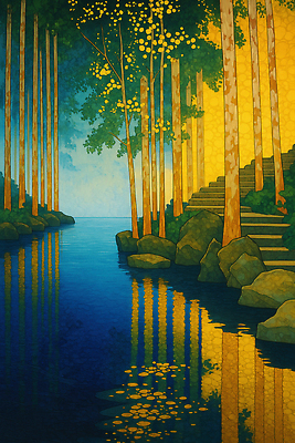 JPG 나무 감정 호수 예술 컬러 일러스트 자연 하늘 풍경 물 여름 강 햇빛 반사 평화 계단 산책로 돌_바위 그림 조화 뷰티풀 국내일러스트 AI일러스트 AI콘텐츠 자연요소 식물 계절 길 컨셉 태양 생태계 파일형식