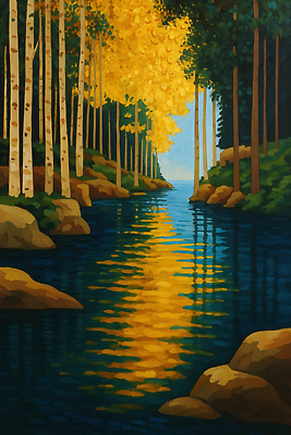 JPG 나무 단풍 일러스트 자연 하늘 미소 풍경 물 햇빛 반사 노란색 보트 수면 숲 강가 조화 청명 차분 국내일러스트 AI일러스트 AI콘텐츠 자연요소 식물 컬러 컨셉 잎 배_교통 표정 강 태양 생태계 파일형식