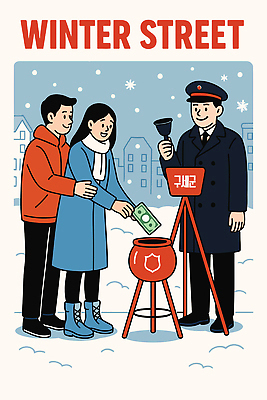 여자 남자 행복 돈 겨울 일러스트 모션 거리 함께함 따뜻함 사랑 사람 도움 나눔 기부 모금 자선 국내일러스트 AI파일 계절 감정 컨셉 봉사 재산 파일형식 벡터