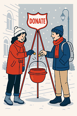 크리스마스 겨울 일러스트 선물 웃음 여러명 동전 도움 사회봉사 기부 모금 선행 연말 자선 겨울풍경 지역사회 국내일러스트 AI파일 계절 기념일 다수 컨셉 돈 표정 사람 풍경 봉사 파일형식 벡터