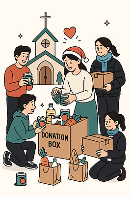 행복 음식 겨울 일러스트 가족 따뜻함 사랑 이벤트 여러명 친구 교회 봉사 도움 나눔 기부 소통 공동체 지역사회 국내일러스트 AI파일 계절 감정 다수 컨셉 관계 종교건축 사람 건물 파일형식 벡터