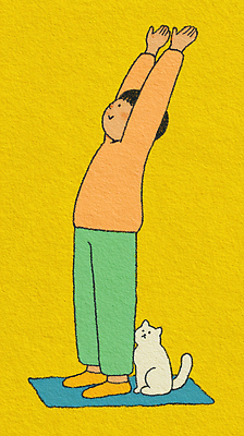 JPG 행복 포즈 백그라운드 일러스트 요가 주택 건강 사람 일상 반려동물 운동 노란색 평화 귀여움 고양이 스트레칭 즐거움 기지개 팔 국내일러스트 AI일러스트 AI콘텐츠 동물 웰빙 감정 컬러 컨셉 포유류 모션 건물 라이프 신체부위 파일형식