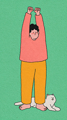 JPG 동물 캐릭터 손 남자 행복 여유 일러스트 발 주택 건강 일상 반려동물 운동 귀여움 고양이 스트레칭 편안함 기지개 기분전환 녹색배경 국내일러스트 AI일러스트 AI콘텐츠 감정 백그라운드 컨셉 포유류 모션 사람 건물 라이프 신체부위 초록색 감각 파일형식