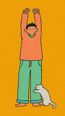 JPG 동물 남자 행복 예술 포즈 일러스트 사랑 웃음 일상 초록색 친구 반려동물 귀여움 주황색 고양이 스트레칭 기쁨 기지개 생동감 국내일러스트 AI일러스트 AI콘텐츠 감정 컬러 컨셉 포유류 관계 모션 표정 사람 라이프 운동 파일형식