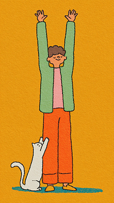 JPG 행복 포즈 일러스트 아침 주택 따뜻함 웃음 사람 일상 반려동물 주황색 고양이 스트레칭 표현 즐거움 기지개 소통 밝은색 국내일러스트 AI일러스트 AI콘텐츠 주간 동물 감정 컬러 컨셉 포유류 모션 표정 건물 라이프 운동 파일형식