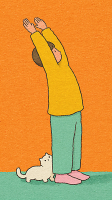 JPG 주간 행복 백그라운드 일러스트 모션 아침 주택 표정 건강 사람 일상 운동 귀여움 주황색 고양이 스트레칭 편안함 기지개 독창 국내일러스트 AI일러스트 AI콘텐츠 자연요소 감정 컬러 컨셉 포유류 건물 라이프 반려동물 감각 파일형식