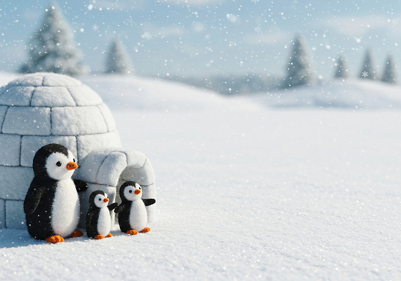 JPG 나무 동물 편집이미지 겨울 가족 풍경 장난감 모형 고요 북극 펭귄 부드러움 이글루 이미지편집 AI컴퓨터그래픽 AI콘텐츠 식물 계절 관계 조류 감각 극지방 파일형식