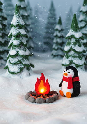 JPG 동물 편집이미지 크리스마스 겨울 자연 귀여움 숲 모닥불 오브젝트 펭귄 장면 눈내림 겨울풍경 이미지편집 AI컴퓨터그래픽 AI콘텐츠 계절 기념일 컨셉 조류 불 눈_날씨 풍경 생태계 파일형식