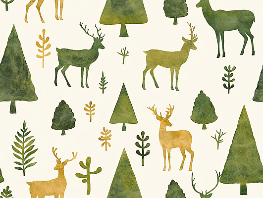 JPG 나무 식물 동물 디자인 백그라운드 패턴 일러스트 자연 사슴 수채화 장식 초록색 크리스마스트리 고요 금색 숲속 숲 노르딕 린넨 국내일러스트 AI일러스트 AI콘텐츠 컬러 크리스마스 무늬 포유류 직물 생태계 파일형식