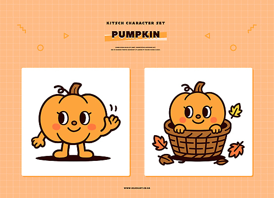 캐릭터 디자인 컬러 백그라운드 단풍 일러스트 장신구 놀이 호박 웃음 이벤트 장식 파티 바구니 귀여움 주황색 즐거움 호박캐릭터 일러캐릭터 AI파일 감정 컨셉 잎 채소 표정 파일형식 벡터