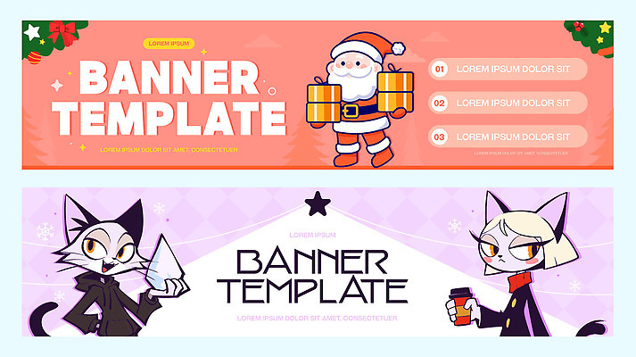 템플릿 캐릭터 디자인 배너 배너템플릿 크리스마스 겨울 선물 그래픽 장식 산타클로스 고양이 현수막 연말 아기자기 AI파일 계절 기념일 컨셉 포유류 반려동물 파일형식 벡터