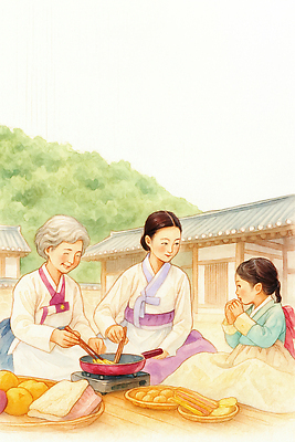 JPG 전통 여자 문화 어린이 음식 일러스트 가족 한옥 한국 따뜻함 대화 요리 웃음 풍경 여름 정원 시간 한복 세대 스토리 국내일러스트 AI일러스트 AI콘텐츠 한국전통 계절 아시아 고건축 관계 표정 말하기 사람 전통의상 파일형식