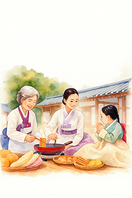 JPG 전통 딸 문화 할머니 일러스트 가족 엄마 아침 한옥 한국 함께함 따뜻함 요리 식사 전통의상 전 즐거움 오후 유대감 국내일러스트 AI일러스트 AI콘텐츠 주간 한국전통 여자 노년 감정 아시아 음식 컨셉 고건축 관계 파일형식