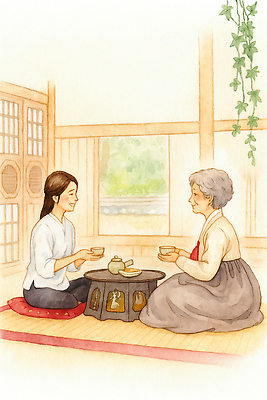 JPG 전통 문화 할머니 일러스트 창문 가족 탁자 커뮤니케이션 손자 함께함 따뜻함 대화 사랑 풍경 만남 즐거움 조용 오후 국내일러스트 AI일러스트 AI콘텐츠 여자 노년 남자 감정 가구 컨셉 관계 말하기 손주 파일형식